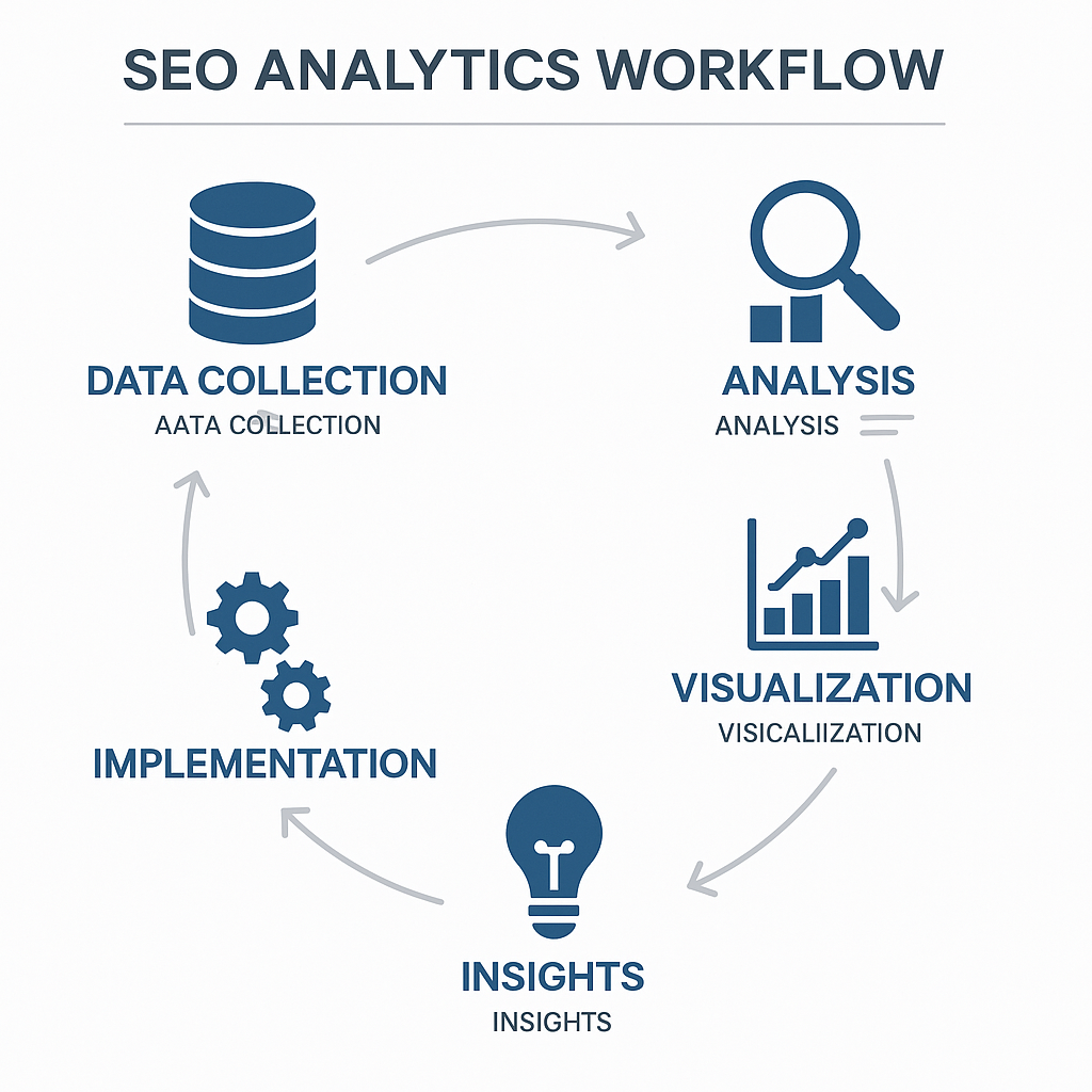 SEO Analytics Workflow Infographic - Six-step process visualization